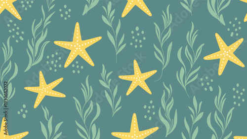 Starfish and seaweed pattern displays yellow sea stars and green aquatic plants on a dark teal background for marine and ocean themes.