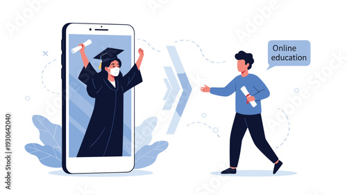 Online education illustration depicts a graduate on a giant smartphone screen handing a diploma to a student for remote learning.