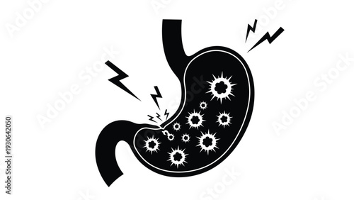 Silhouette illustration of a human stomach with lightning bolts and bacteria icons representing pain, gastritis, or infection.