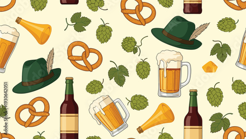 Oktoberfest pattern displays a festive arrangement of beer steins, bottles, soft pretzels, green hats, and hops on light yellow background.