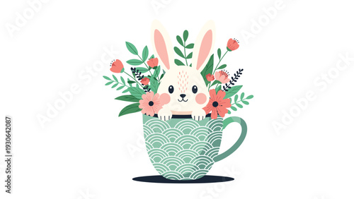 Adorable white bunny peeks out from a patterned teal teacup filled with colorful spring flowers and green leaves on a white background.