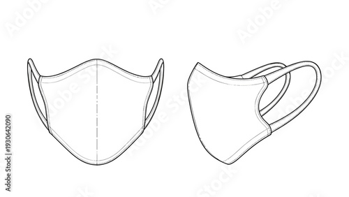 Technical line art drawings of a protective fabric face mask shown from front and side angles for medical and safety apparel design.