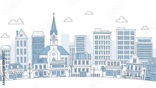 Stylized blue line art of a modern city skyline with a church steeple and various office buildings for urban development themes.