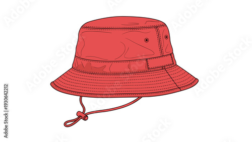 Vibrant red bucket hat illustration with a chin strap shown from a side perspective for summer fashion and sun protection design concepts.
