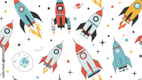 Playful seamless space pattern illustrates colorful rockets flying among planets, stars, and cosmic dust on a bright white background.