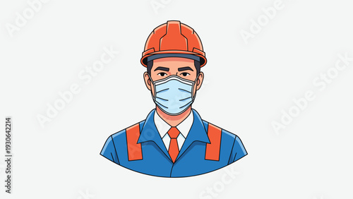 Portrait illustration of a male construction worker wearing an orange hard hat and a blue medical face mask for safety and health protocol.