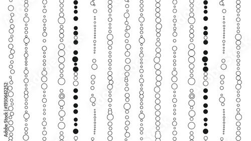 Minimalist pattern features vertical columns of black and white circles of various sizes on a plain white background for a modern look.
