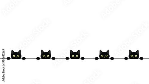 Row of curious black cats with bright yellow eyes are peeking over a horizontal black line against a solid white background.