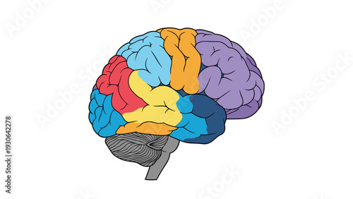 Anatomical illustration of a human brain with different functional lobes highlighted in various bright colors on a clean white background.