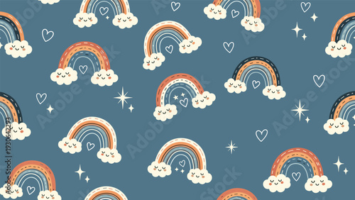 Charming seamless pattern shows smiling rainbows between soft white clouds and floating hearts on a muted blue-grey background.
