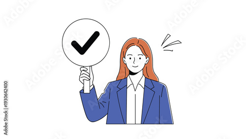 Professional woman with long brown hair in a blue suit holding a checkmark paddle for feedback, survey results, or a correct decision.