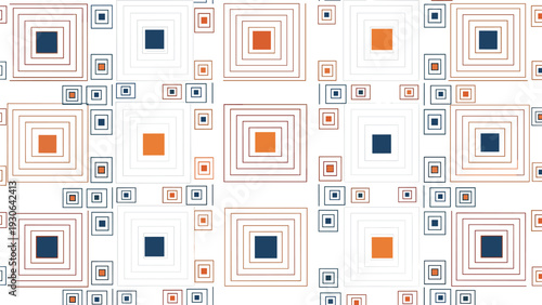 Geometric pattern features nested squares in shades of blue, orange, and brown arranged in a grid on a white background.