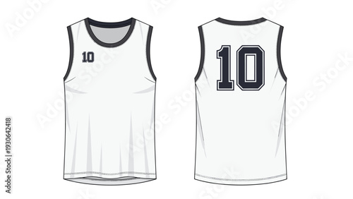 Technical fashion flat of a white basketball jersey with the number ten shown in both front and back views for sportswear design projects.