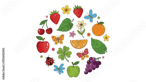 Colorful circular pattern composed of various fruits, flowers, butterflies, and a ladybug representing spring, nature, and biodiversity.