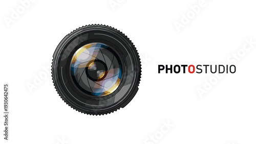 Bold logo for a photo studio features a detailed camera lens with colorful reflections and the text Photo Studio to the right.