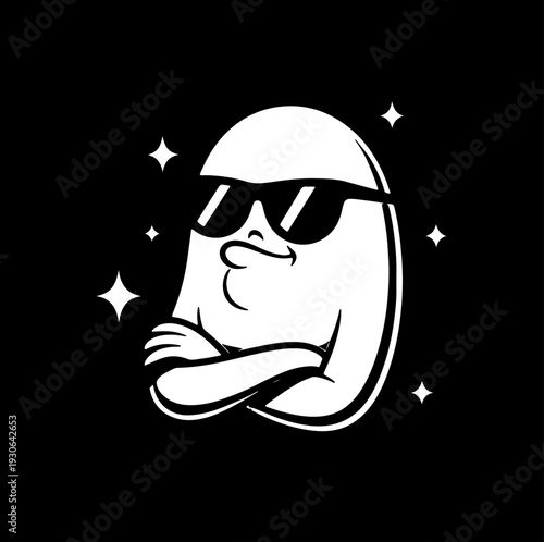 Cartoon bean‑shaped character with sunglasses, smirk, and crossed arms surrounded by sparkles, playful design symbolizing confidence, humor, and attitude