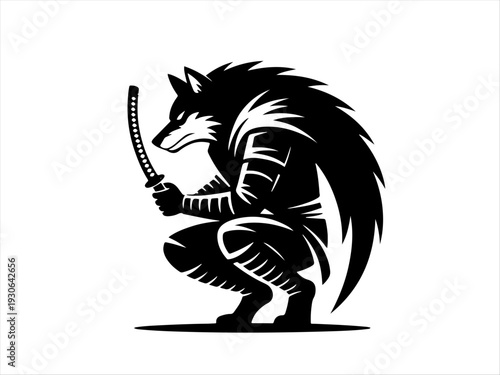 Stylized humanoid wolf in samurai armor crouching with katana, bold black‑and‑white design combining animal traits with warrior symbolism, fierce and dynamic