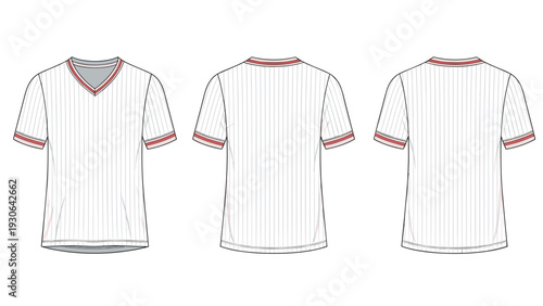Set of technical fashion sketches for a striped v-neck t-shirt with red accents on the collar and cuffs, featuring front, back, and side views.