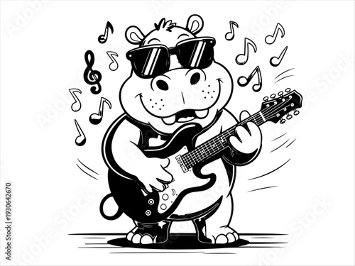 Cartoon hippopotamus wearing sunglasses, joyfully playing electric guitar with musical notes, humorous black‑and‑white design combining animals and music