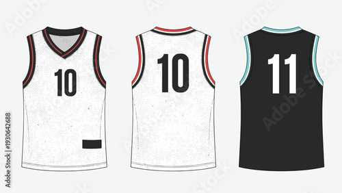 Set of three basketball jerseys in white and black colors with numbers ten and eleven shown for team uniform design and sports apparel.