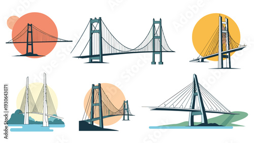 Set of diverse bridge architectural illustrations including suspension and cable-stayed designs set against sun and landscape elements.