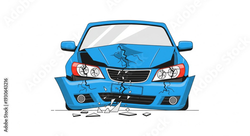 Damaged Blue Car Front Crash.