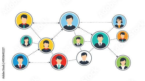 Abstract business illustration showing various professional avatars connected by dotted lines, representing networking and team collaboration.