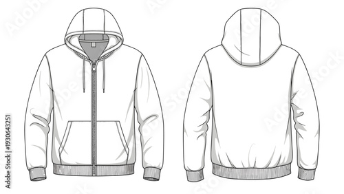 Technical fashion drawing of a zip-up hoodie featuring patterned cuffs and hem, presented in front and back views for apparel design projects.