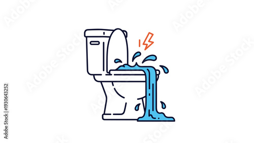 Humorous yet alarming illustration of a white toilet overflowing with blue water, signifying a plumbing emergency or leak in the home.