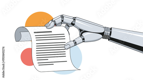 Futuristic concept illustration of a robotic hand holding a sheet of paper, representing AI-generated content or automated documentation.