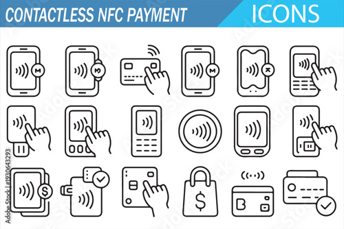 Tap to Pay and Digital Wallet Line Icon Set for Fintech Design