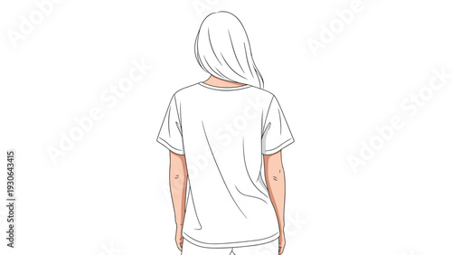 Clean fashion sketch showing the back view of a woman with long white hair wearing a basic white t-shirt and light-colored pants.