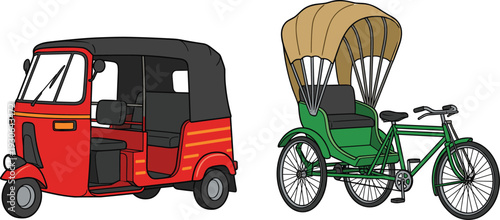 Auto rickshaw and cycle rickshaw illustration representing traditional city transport vehicles used for passenger travel and urban mobility concept