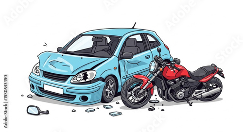 Damaged Car and Motorcycle Collision.