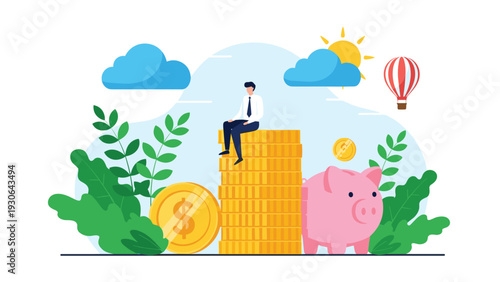 Successful businessman sits on tall stack of gold coins near a pink piggy bank representing financial savings and investment growth.