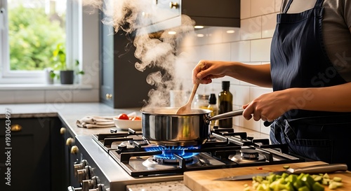 Person stirring a pot on a gas stove in a modern kitchen