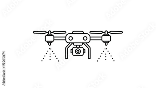 Simple vector line art icon of a modern drone aircraft spraying liquid treatment for agricultural crop management or disinfection.
