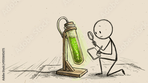 Sketchy hand-drawn stick figure character examining an indoor algae bioreactor, natural air purification and futuristic bio-design concept.