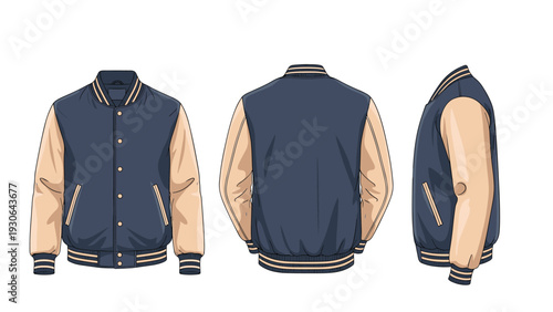 Classic varsity bomber jacket design template shown in navy blue and tan from front, back, and side views for sportswear branding.