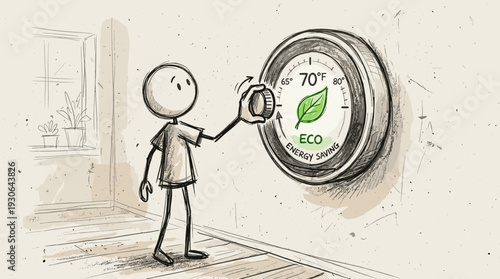 Sketchy hand-drawn stick figure character adjusting a smart eco-thermostat, domestic energy efficiency and climate control concept.