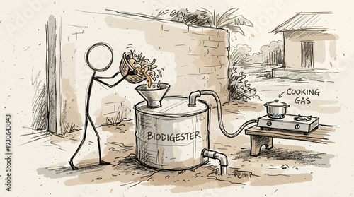 Sketchy hand-drawn stick figure character feeding a domestic biodigester, renewable biogas energy from food waste concept.