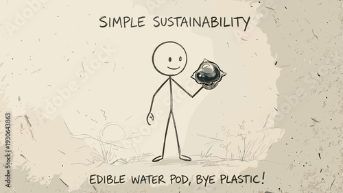 Stick figure character holding edible water pod in sustainability concept  