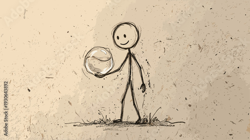 Sketchy hand-drawn stick figure character holding an edible water pod, futuristic plastic-free hydration concept.