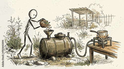 Sketchy hand-drawn stick figure character feeding a domestic biodigester  