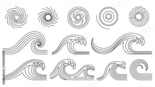 Collection of Japanese style wave and spiral line art patterns representing the ocean, wind, and traditional oriental aesthetics.