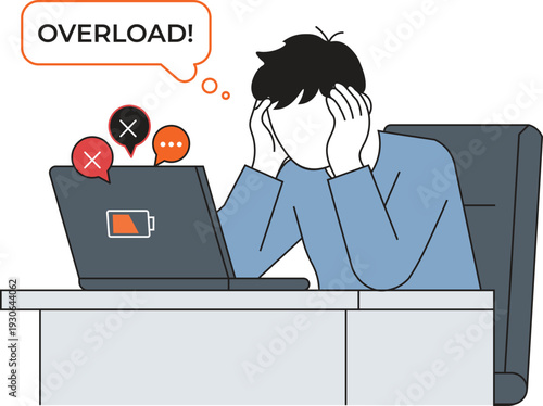 Work Stress Overload Concept, Burnout Man with Low Battery Laptop, Mental Fatigue Flat Vector Illustration