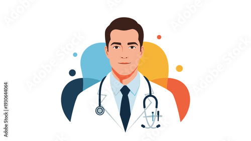 Professional portrait of a friendly male doctor wearing a white lab coat and stethoscope with colorful abstract background shapes.