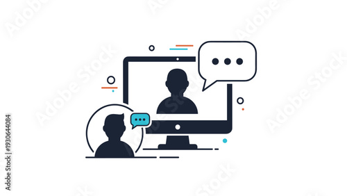 Modern flat design icon showing a person on a computer monitor having an online video call conversation with speech bubbles.