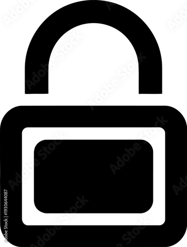 Black and white open padlock symbol with rounded edges and a rectangular base security