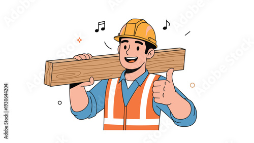 Happy construction worker wearing a hard hat and safety vest while carrying a wooden timber plank and giving a thumbs up gesture.